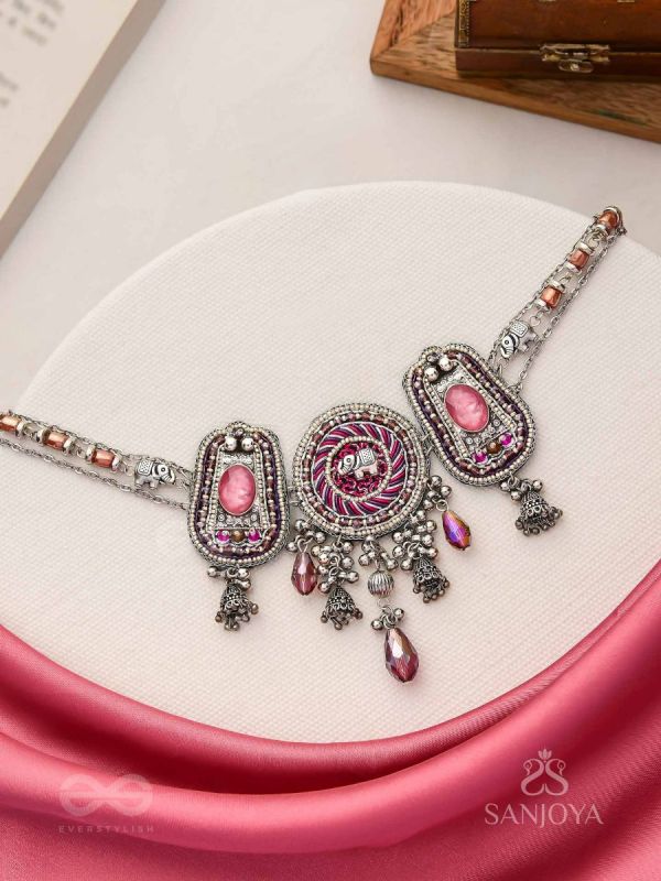Jagatparayan - The Fuchsia Galaxy- Stones, Beads And Glass Drops Hand Embroidered Choker Neckpiece