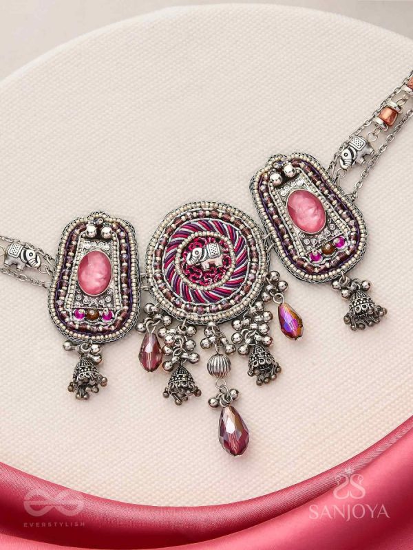 Jagatparayan - The Fuchsia Galaxy- Stones, Beads And Glass Drops Hand Embroidered Choker Neckpiece