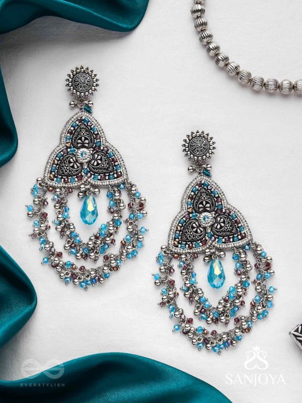 Prakirtih- The Euphoric Celebrations- Beads And Glass Drops Hand Embroidered Oxidised Earrings