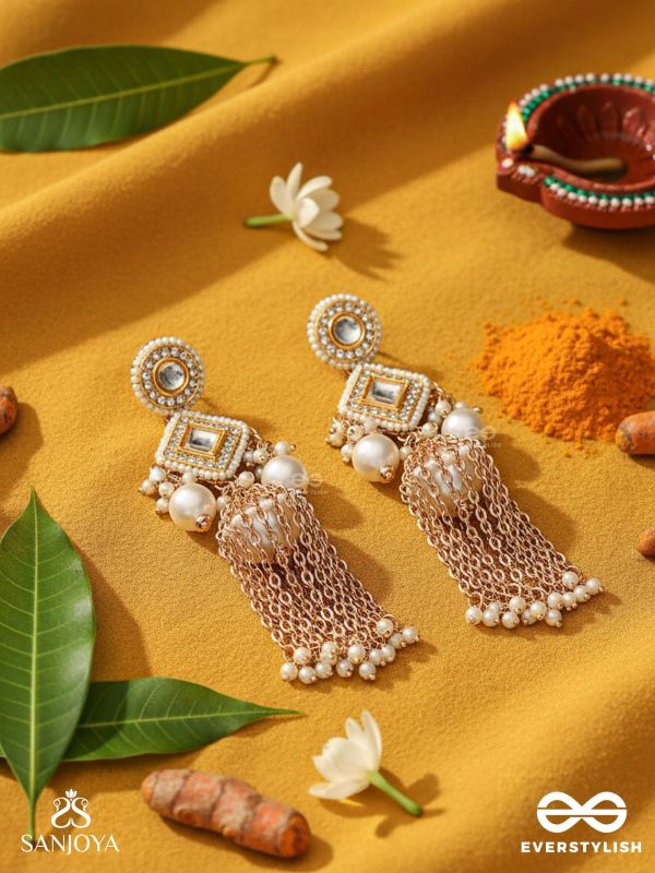 Tolaka - Seashell Mirage - Beads, Kundan And Polki Finished Hand Embroidered Earrings