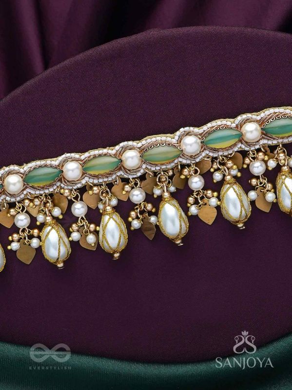 Haridvarna - Gilded Meadow Finery - Pearls, Stones And Beads Hand Embroidered Neckpiece