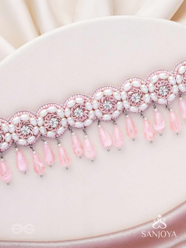 Aravindini - The Love Rose - Stone, Beads And Glass Drops Hand Embroidered Neckpiece