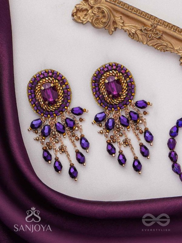 Anisam - The Shining Night - Stone, Beads And Glass Drops Hand Embroidered Earrings