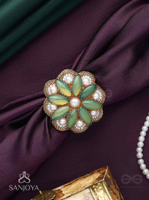 Pratika - The Oasis Blossom - Stone And Pearls Hand Embroidered Ring (Adjustable)
