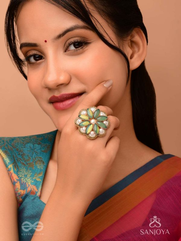 Pratika - The Oasis Blossom - Stone And Pearls Hand Embroidered Ring (Adjustable)