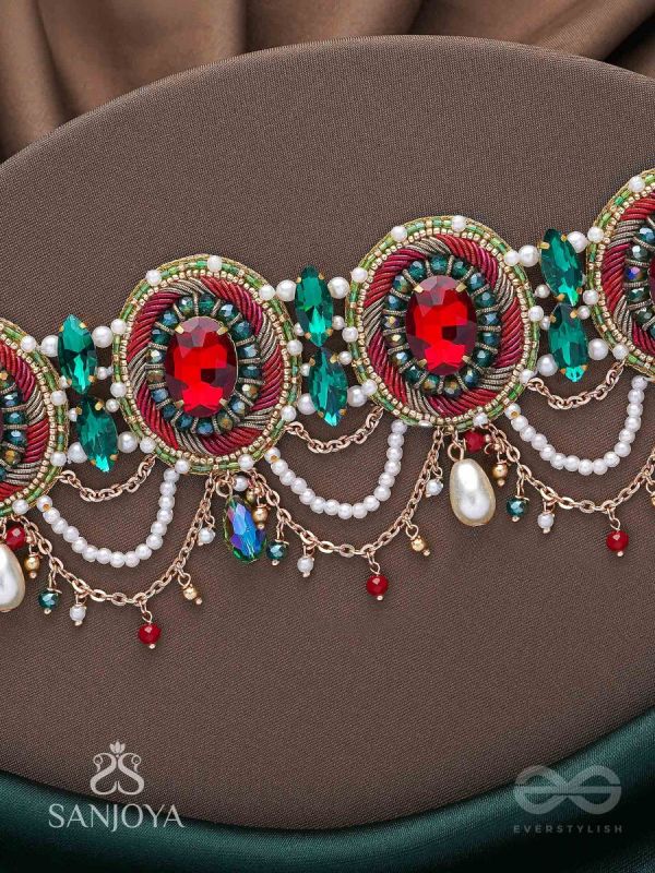 Upakarana - Royal Ruby Rainfall - Stone, Beads And Glass Drops Hand Embroidered  Choker Neckpiece