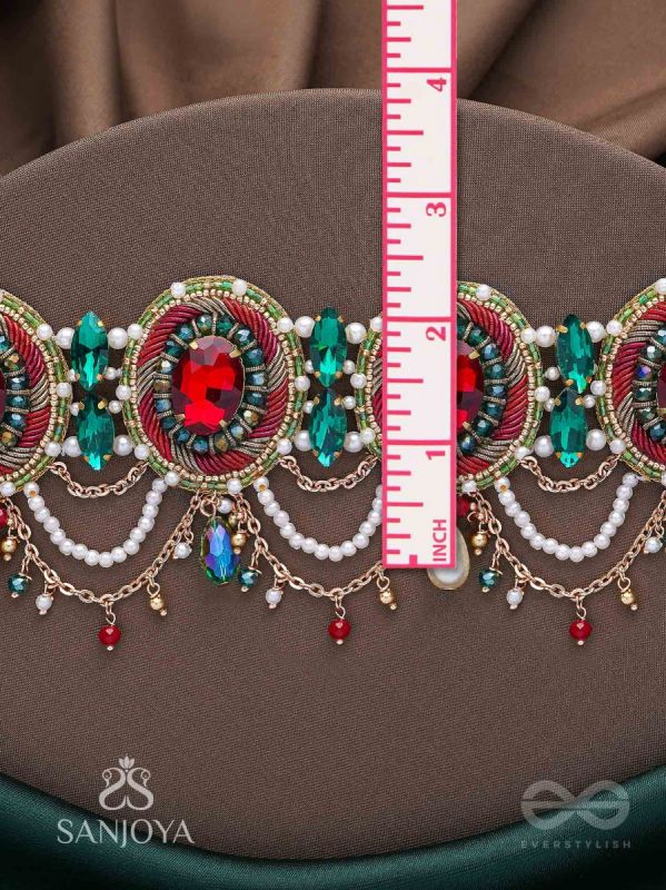 Upakarana - Royal Ruby Rainfall - Stone, Beads And Glass Drops Hand Embroidered  Choker Neckpiece