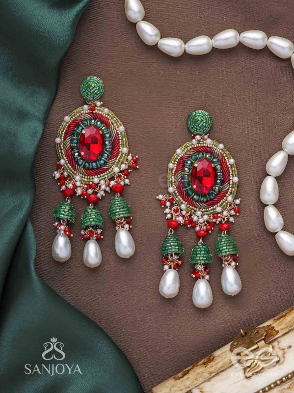 Aklishta - The Scarlet Splendor - Stone, Cutdana And Beads Hand Embroidered Earrings