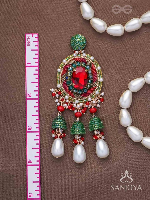 Aklishta - The Scarlet Splendor - Stone, Cutdana And Beads Hand Embroidered Earrings