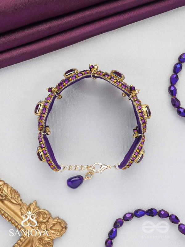 Ruksavarna - The Lustrous Amethyst - Stone, Beads And Cut Dana Hand Embroidered Cuff Bracelet