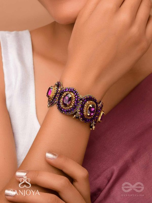 Ruksavarna - The Lustrous Amethyst - Stone, Beads And Cut Dana Hand Embroidered Cuff Bracelet