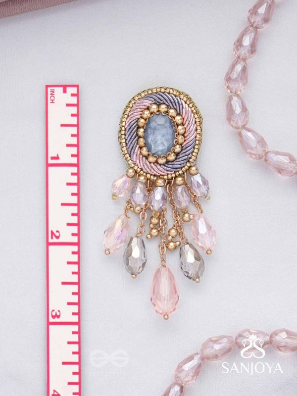 Ahraya - The Pink Fog - Stone, Beads And Glass Drop Hand Embroidered Earrings