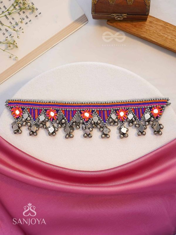 Sunarda - Amber Horizon - Mirror And Beads Hand Embroidered Oxidised Neckpiece
