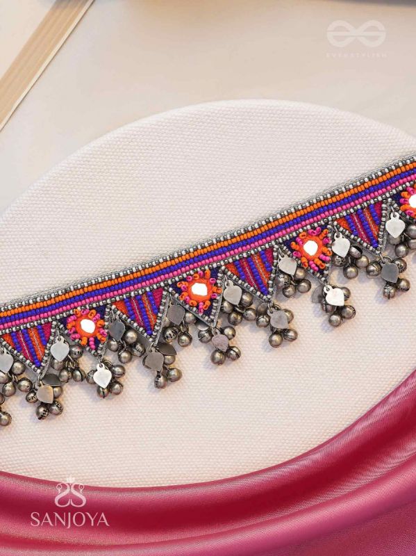 Sunarda - Amber Horizon - Mirror And Beads Hand Embroidered Oxidised Neckpiece
