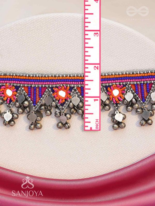 Sunarda - Amber Horizon - Mirror And Beads Hand Embroidered Oxidised Neckpiece
