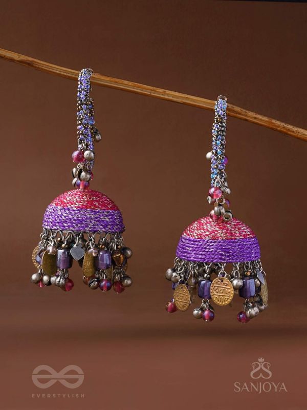 Dvibhat - The Twilight Tinkles - Resham, Coins And Beads Hand Embroidered Oxidised Jhumka Earrings