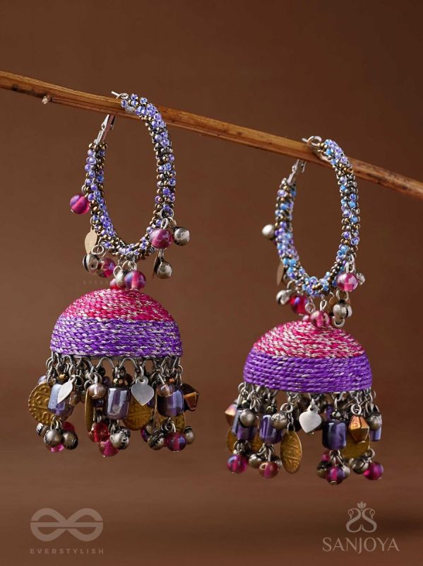 Dvibhat - The Twilight Tinkles - Resham, Coins And Beads Hand Embroidered Oxidised Jhumka Earrings