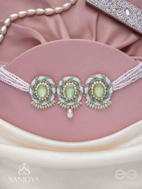 Tankasala - Frosted Fern - Stones And Pearls Hand Embroidered Neckpiece