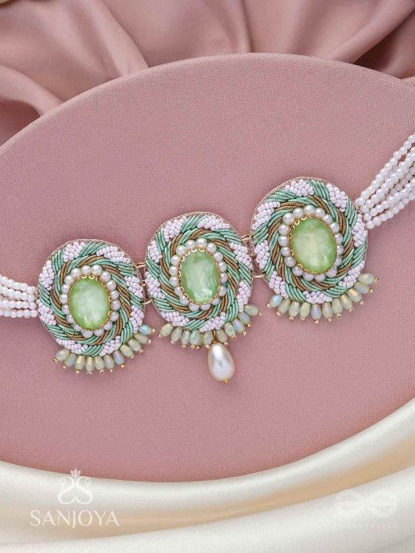 Tankasala - Frosted Fern - Stones And Pearls Hand Embroidered Neckpiece