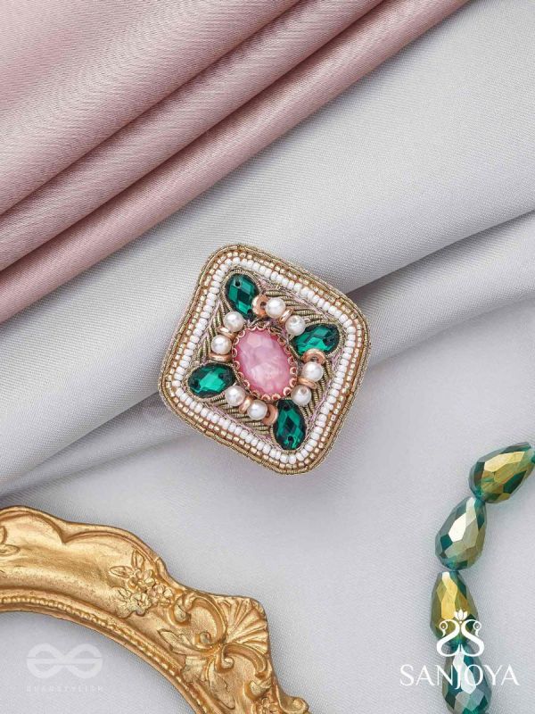 Naimisa - Blooms In Forest - Stones, Beads And Dabka Hand Embroidered Ring (Adjustable)