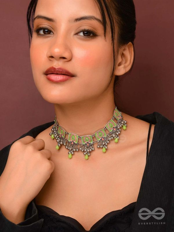 The Olive Chimes - Enamelled Oxidised Choker Neckpiece