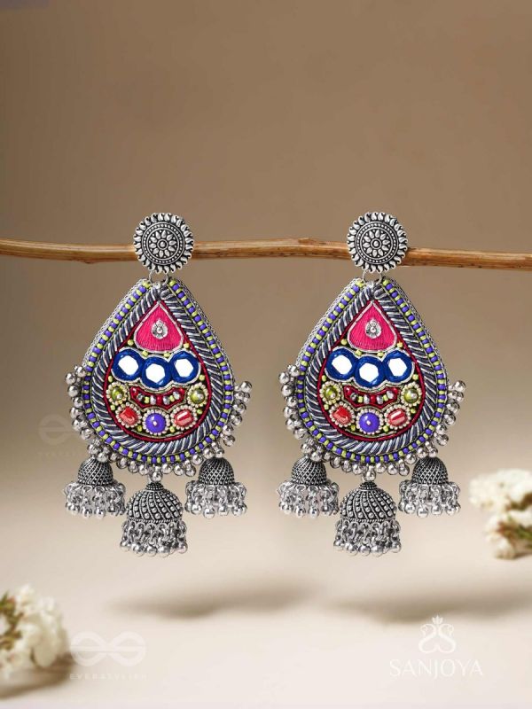 Kalatra- The Royal Citadel- Mirror, Resham And Beads Hand Embroidered Oxidised Earrings