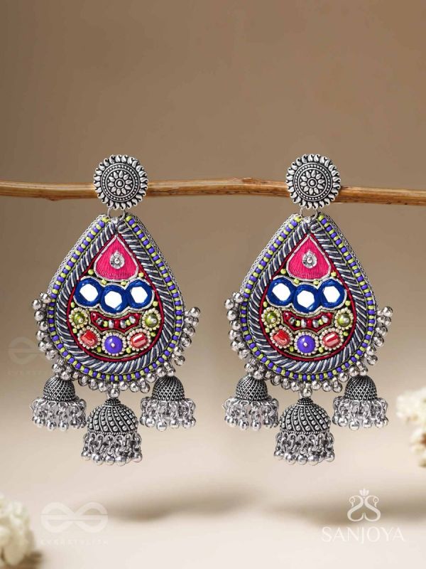 Kalatra- The Royal Citadel- Mirror, Resham And Beads Hand Embroidered Oxidised Earrings