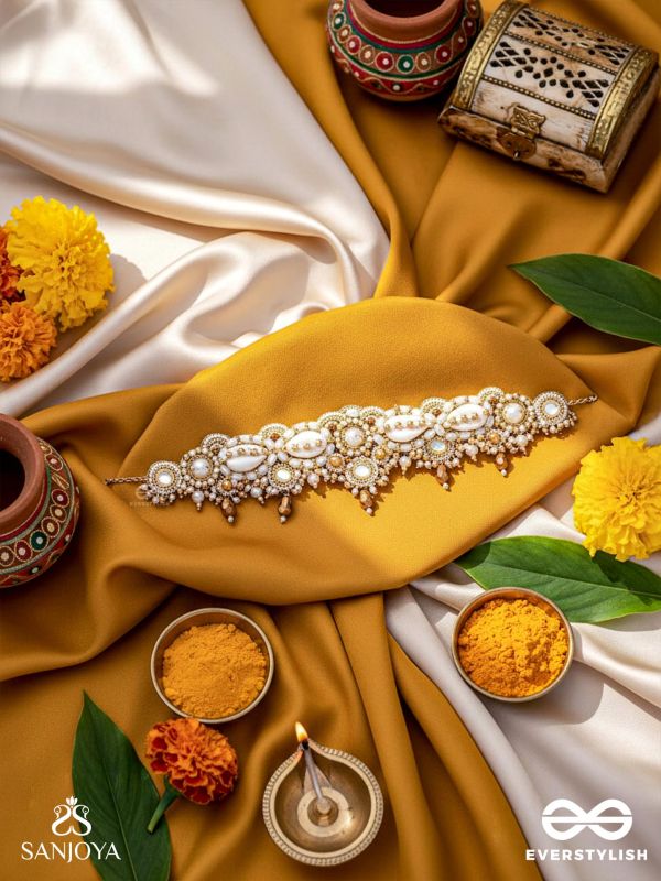 Alingana- The Chaste Embrace- Shells, Beads And Glass Drops Hand Embroidered Choker Neckpiece