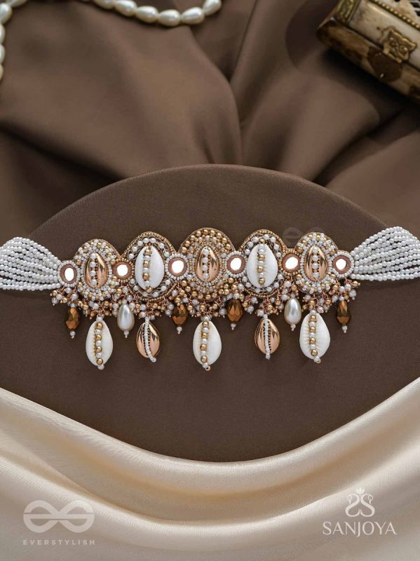 Velakula- The Coastline Stories- Shells, Beads, Pearl And Glass Drops Hand Embroidered Choker Neckpiece