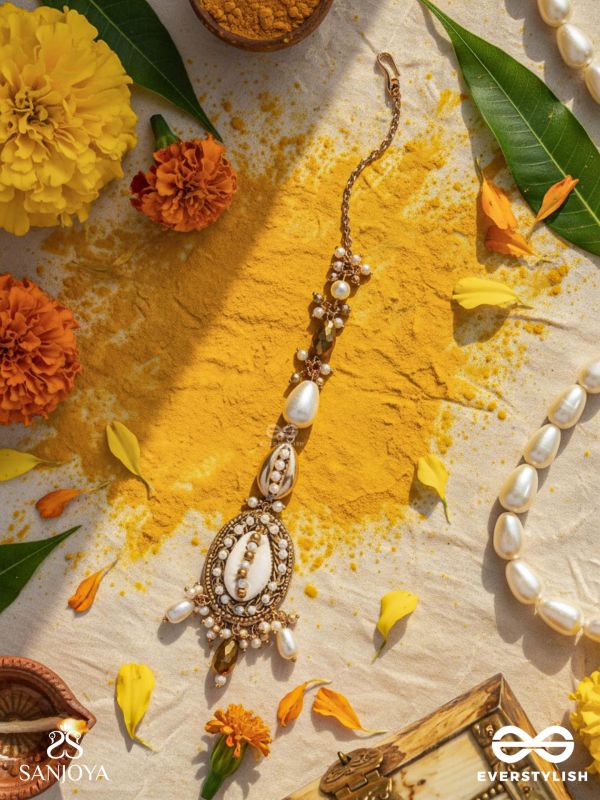 Himaabh- The Sea Frost- Shell, Beads, Pearl And Glass Drops Hand Embroidered Maangtika