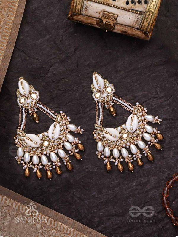 Artharasi- The Shimmering Wealth- Shells, Beads, Pearl And Glass Drops Hand Embroidered Earrings