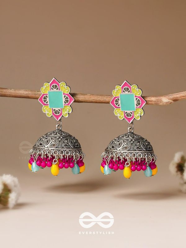 The Flowers Of Spring - Enamelled Oxidised Jhumka Earrings