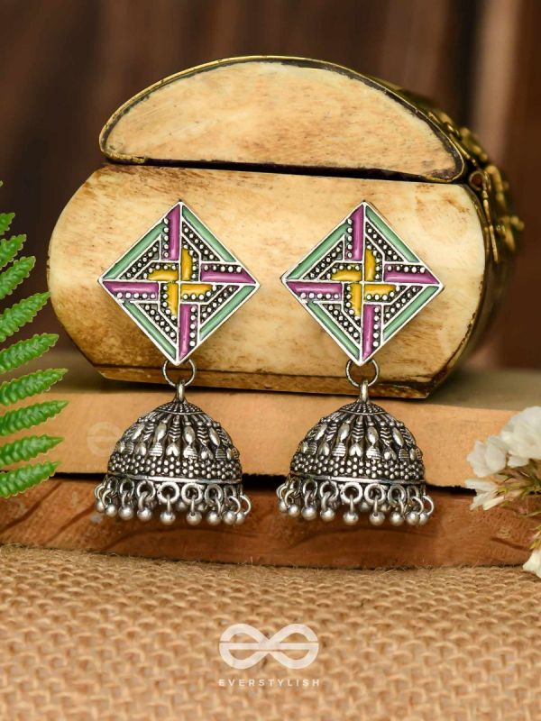 The Dazzled Chakravyuh- Enamelled Oxidised Jhumka Earrings