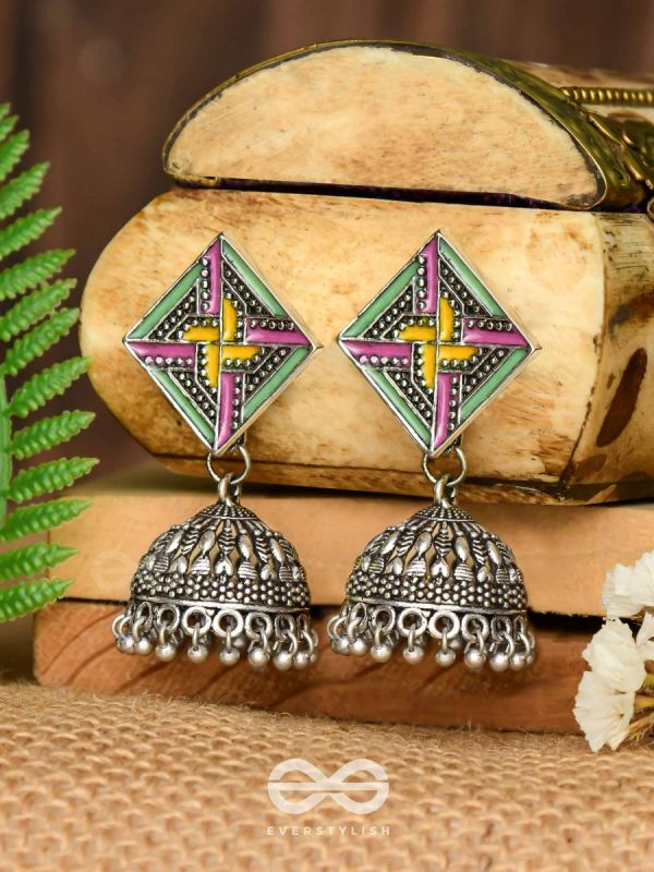 The Dazzled Chakravyuh- Enamelled Oxidised Jhumka Earrings