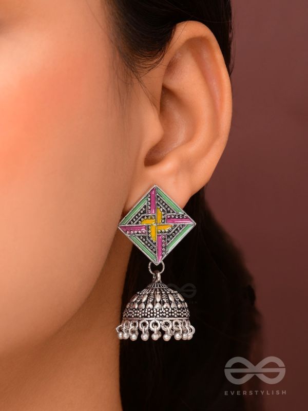The Dazzled Chakravyuh- Enamelled Oxidised Jhumka Earrings