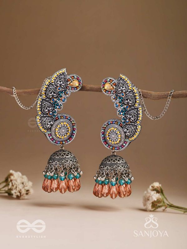 Kalaap- The Peacock's Tail- Beads And Glass Drops Hand Embroidered Oxidised Jhumka Earrings