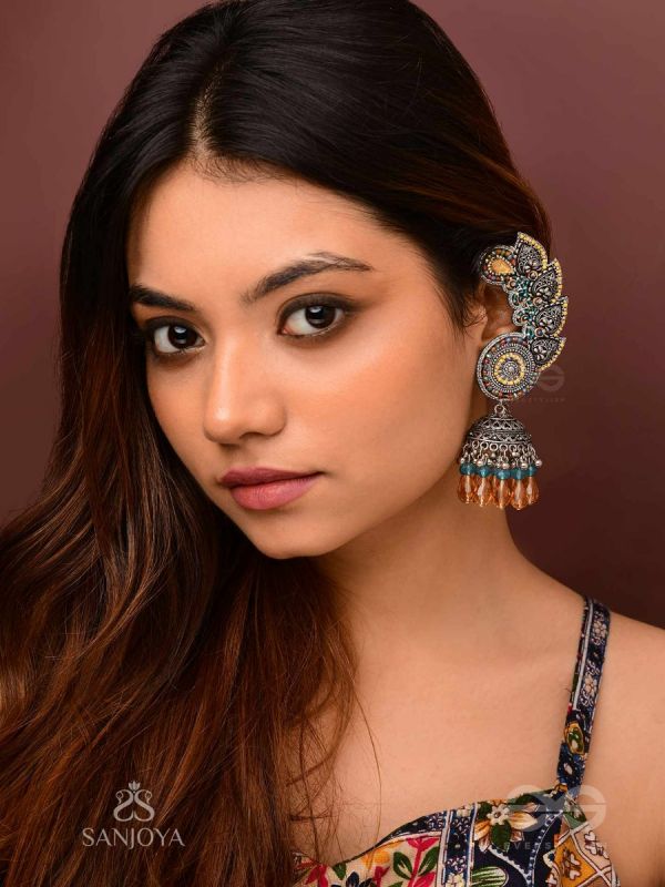 Kalaap- The Peacock's Tail- Beads And Glass Drops Hand Embroidered Oxidised Jhumka Earrings
