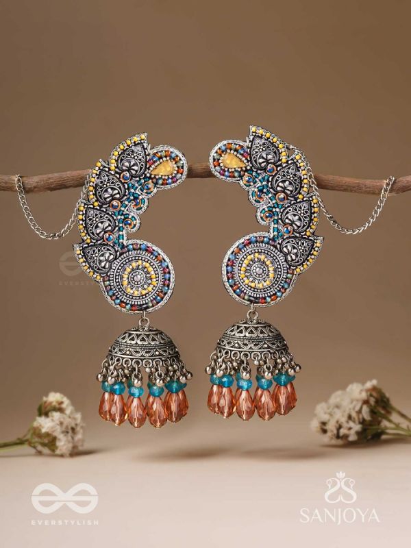 Kalaap- The Peacock's Tail- Beads And Glass Drops Hand Embroidered Oxidised Jhumka Earrings
