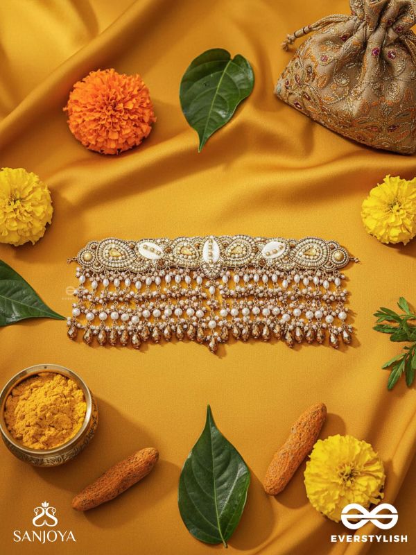 Prishit - Remnants Of The Raindrops- Stones, Beads, Glass Drops And Shells Hand Embroidered Choker Neckpiece