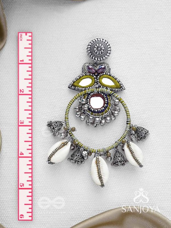 Dyuvani- The Coastal Grove- Mirror, Resham And Shells Hand Embroidered Earrings