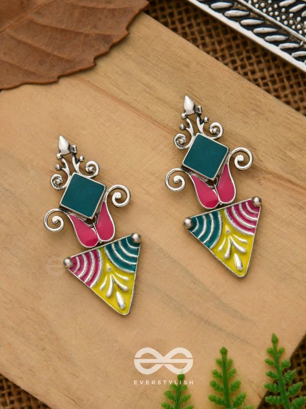 The Adorned Prisms- Enamelled Oxidised Ear Jackets (Red, Yellow And Green)