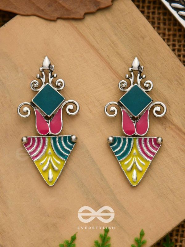 The Adorned Prisms- Enamelled Oxidised Ear Jackets (Red, Yellow And Green)