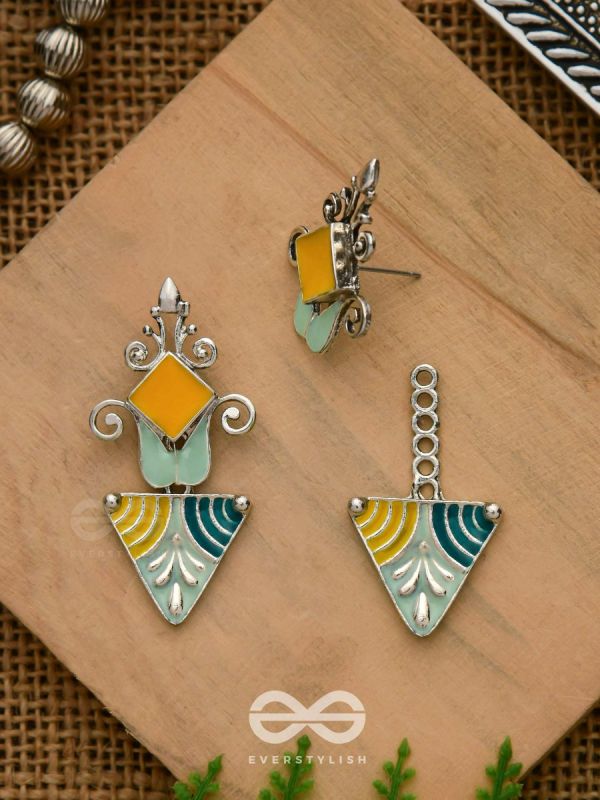 The Adorned Prisms- Enamelled Oxidised Ear Jackets (Yellow, Blue And Green)