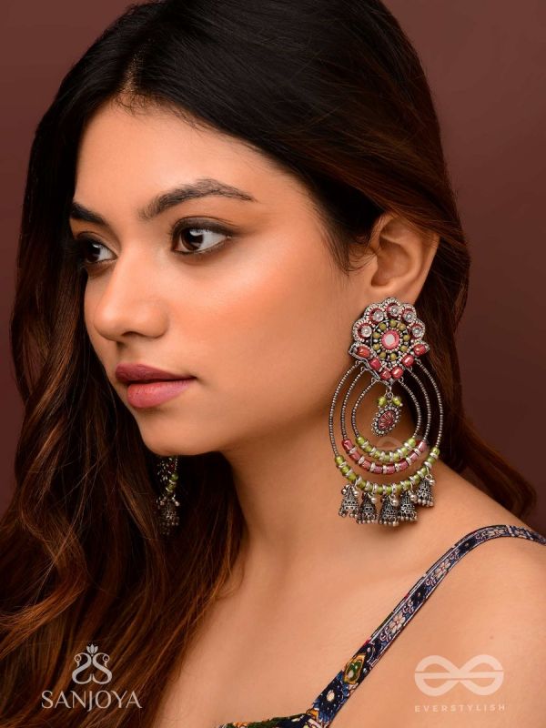 Yashasya - The Magenta Magnificence - Mirror, Resham And Beads Hand Embroidered Oxidised Earrings