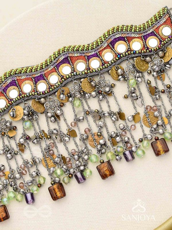 Dhaanshri- The Entrancing Music- Mirror, Beads And Coins Hand Embroidered Oxidised Choker Neckpiece
