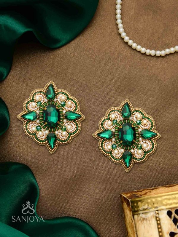 Indranilak- The Emerald Fascination- Stones And Beads Hand Embroidered Earrings