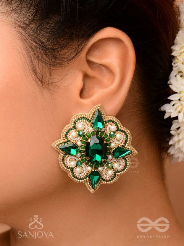 Indranilak- The Emerald Fascination- Stones And Beads Hand Embroidered Earrings