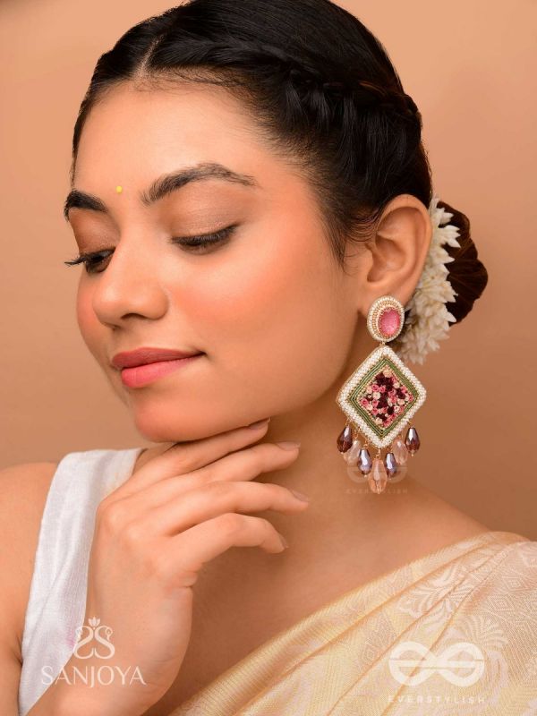 Saukumaryam- The Rouge Delicacy- Resham, Beads And Glass Drops Hand Embroidered Earrings