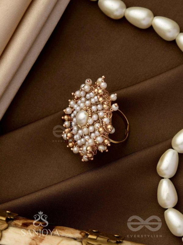 Atimukta- The Pearly Proposal- Pearl And Beads Hand Embroidered Golden Ring (Adjustable)