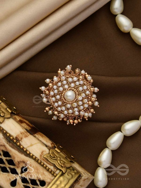 Atimukta- The Pearly Proposal- Pearl And Beads Hand Embroidered Golden Ring (Adjustable)
